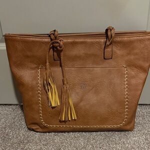 Wrangler Boho Cognac Vegan Leather Tote with Braided Straps & Tassels